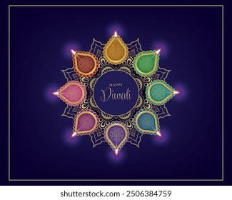 Fondo feliz de Diwali con velas y decoraciones. Marco de Diwali con el colorido Diwali Diya