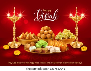 Happy Diwali background with gilt diyas and traditional sweets – laddu, gulab jamun, gujiya, halwa, barfi. Vector illustration. 