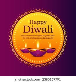 Happy Diwali background with illuminated diyas and mandala decoration. India Diwali celebration greeting card, diwali unit design, vector illustration.