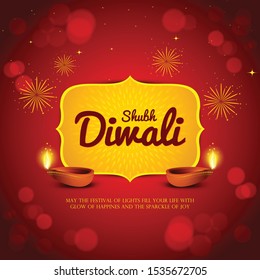 Happy diwali background with illuminated oil lamps on decorative sparks and bokeh background. Indian festival celebration greeting card design 