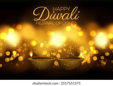 Happy Diwali background with lamps on golden bokeh lights design 