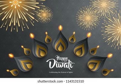 Happy Diwali. Background with the paper graphic of Indian Rangoli and fireworks.