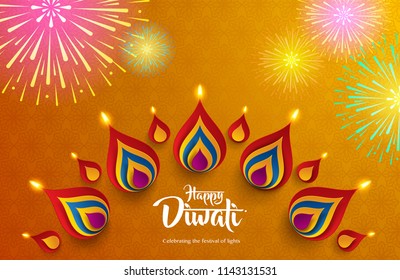 Happy Diwali. Background with the paper graphic of Indian Rangoli and fireworks. Happy Diwali. Background with the paper graphic of Indian Rangoli and fireworks.