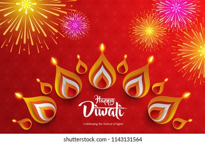 Happy Diwali. Background with the paper graphic of Indian Rangoli and fireworks.