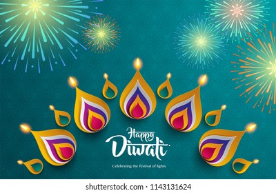 Happy Diwali. Background with the paper graphic of Indian Rangoli and fireworks.