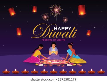 Happy Diwali Background, People enjoying the holiday with oil lamps and lantern sparklers while dressed in traditional Indian attire