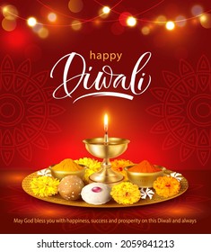 Happy Diwali background with puja thali, diya (oil lamp) and traditional sweets laddu. Vector illustration. 