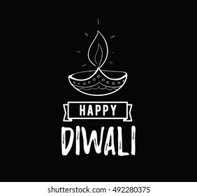 Happy Diwali background. Typographic emblem with lamp. Vector text design. Usable for banners, greeting cards, posters, gifts etc