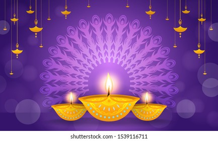 Happy Diwali Background vector illustration. Beautiful Diya (oil lamp) on purple bokeh background