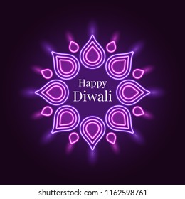 Happy Diwali, banner in bright Neon style. Vector illustration of Neon Rangoli with illumination, Diwali Festival of Lights. Indian holiday of Lights, Flame and Fireworks. Violet and purple colors