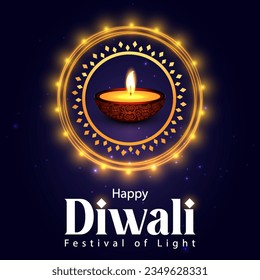 Happy Diwali banner design with illuminated oil lamps.