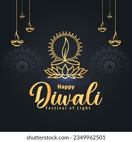 Happy Diwali banner design with illuminated oil lamps.