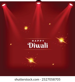 Feliz Diwali banner design cor vermelha, luz spot
