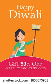 Happy Diwali banner design. Woman with house cleaning equipment available on festival sale offer.