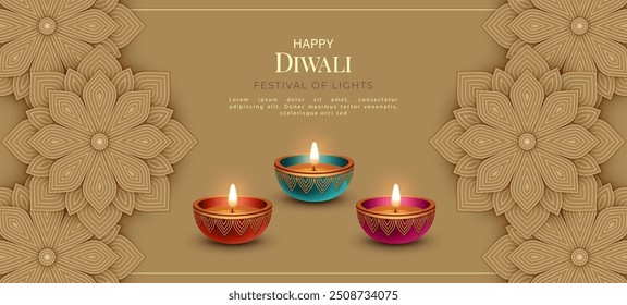 Happy Diwali banner with Diya lamps and paper cut rangoli pattern