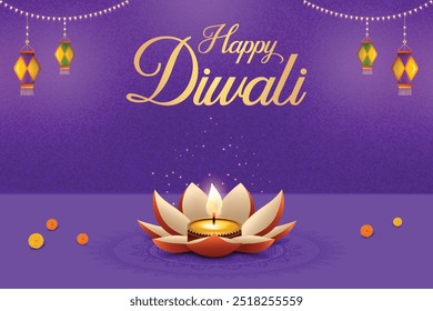 Happy Diwali Banner With Flower Shaped Diya And Hanging Paper Lantern Lights On Purple Background. Festival of Lights Concept.