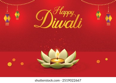 Happy Diwali Banner With Flower Shaped Diya And Hanging Paper Lantern Lights On Red Background. Festival of Lights Concept.