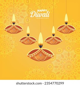 Happy Diwali Banner with Hanging Diya's on Traditional Background