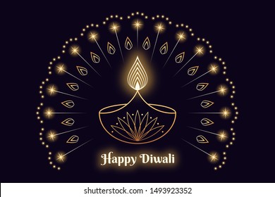 Happy Diwali Banner, Hindu festival of lights. Indian Deepavali holiday, Background with Diya lamp, burning Flame, glowing fireworks and sparkles. Outline style in golden colors, vector illustration