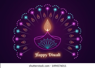 Happy Diwali Banner, Hindu festival of lights. Indian Deepavali holiday, Background with Diya lamp, burning Flame, glowing fireworks and neon sparkles. Colorful Outline style, vector illustration