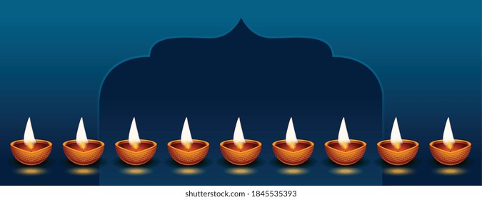 happy diwali banner with many diya decoration
