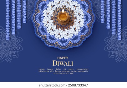 Feliz Anuncio Diwali. Lámpara de aceite diya, rangoli floral para Diwali o Festival Pongal hecho de flores y guirnalda de flores colgantes