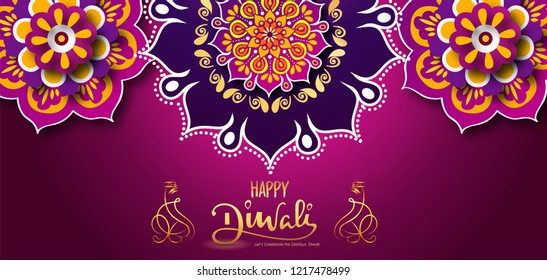 Happy diwali banner, poster with mandala and beautiful background with happy diwali calligraphy 