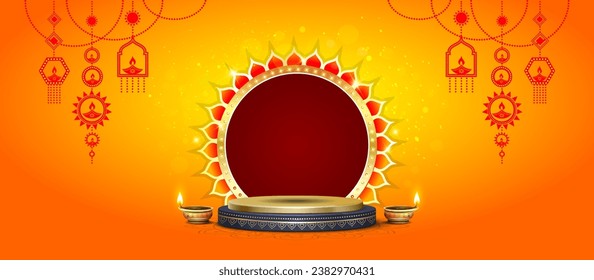 Diseño de la plantilla de afiches de Happy Diwali Banner. Decoración vintage, 3d Podium con luz de velas y fondo brillante.