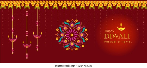 Happy Diwali banner with rangoli and lamps. Decoration with auspicious marigold garland.