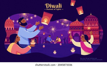 Happy Diwali banner template. Hindu family releasing sky lanterns into the sky and launching diya lamps onto the river in festive traditional Indian city.