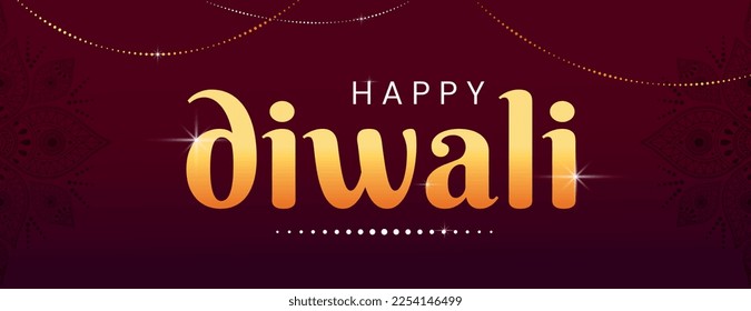 Happy diwali banner. Traditional Indian holiday, inscription with golden chains on red background. Asian patterns and culture. Graphic element for website. Realistic 3D vector illustration