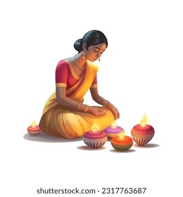 Happy Diwali, Beautiful Hindu Indian young women lightening diya on Diwali day.
