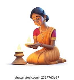 Happy Diwali, Beautiful Hindu Indian young women lightening diya on Diwali day.