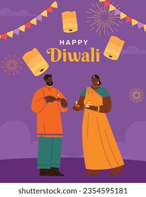 Happy Diwali, Beautiful Hindu Indian couple in traditional attire lightening diya on Diwali day. Celebrate festival of lights, Diwali