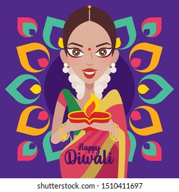 Happy Diwali. Beautiful Indian woman hands holding diya oil lamp, celebrating diwali with colourful Indian Rangoli background - vector