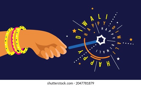 Happy diwali, Beautiful sparkle illuminate in the dark, abstract women hand holding sparkle. vector background.