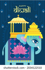 Happy Diwali or better known as Deepavali greetings design template with elephant vector, illustration