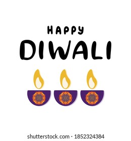 Happy Diwali calligraphic vector illustration. Celebration of the festival of a traditional holiday in India deepavali. Lettering with candle for greeting card, poster.