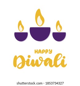 Happy Diwali calligraphic vector illustration. Celebration of the festival of a traditional holiday in India deepavali. Lettering with three candles for greeting card, poster.