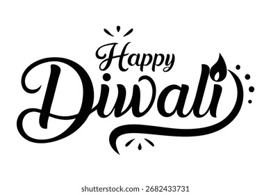 Happy Diwali Calligraphy Typography Vector Illustration Featuring A Candle Flame And Decorative Elements On A White Background