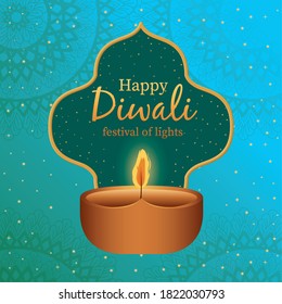 Happy diwali candle with frame on blue with mandalas background design, Festival of lights theme Vector illustration