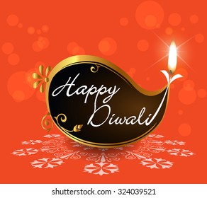 happy diwali card with  burning diya on bright orange background - vector eps10