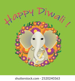 Happy Diwali card, elephant holding a burning candle framed by flowers