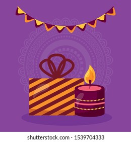 happy diwali card with gift and candle celebration vector illustration design