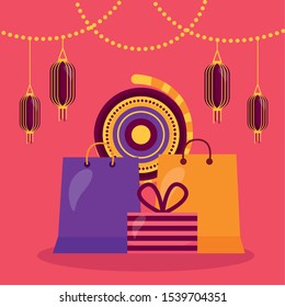 happy diwali card with shopping bags and lamps hanging vector illustration