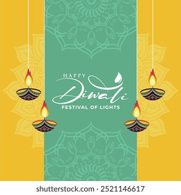 Happy Diwali Celebration 2024 Background. Diwali Festival Of Lights Banner with Typography and Diya Vector Illustration. Diwali or Deepavali Social Media Post Template.