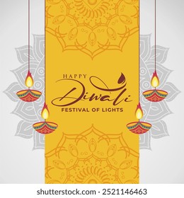 Happy Diwali Celebration 2024 Greeting Background. Diwali Festival Of Lights Banner with Diya Vector Illustration. Happy Diwali Social Media Post Template.