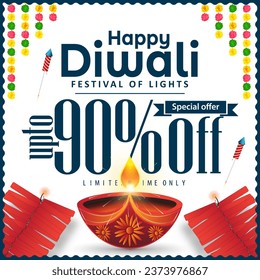 Feliz celebración de Diwali con un 90% de desafinamiento en banner y diseño en fondo blanco con grilletes y vibrante llama de velas.