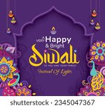 Happy Diwali celebration background. banner design decorated with illuminated oil lamps on patterned background. vector illustration design