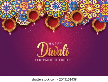  Happy Diwali celebration background. banner design decorated with illuminated oil lamps on patterned yellow background. vector illustration design